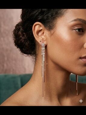 Gold Tone Crystal Rhinestone Linear Tassel Drop Dangle Earrings 4" Statement